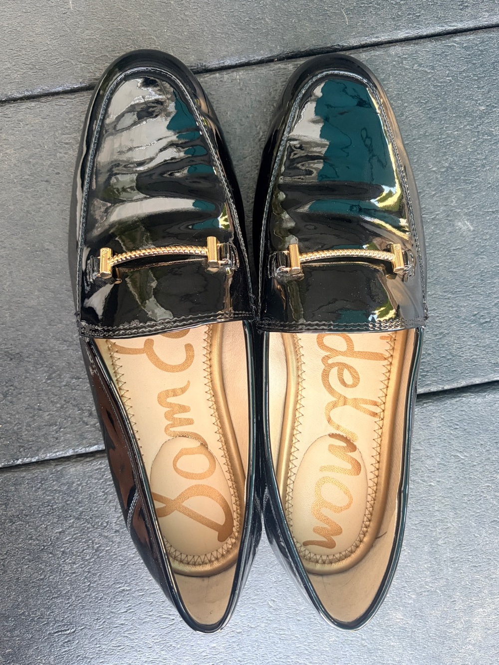 Sam Edelman Black Patent Leather Gold Bit Loafers Size 8